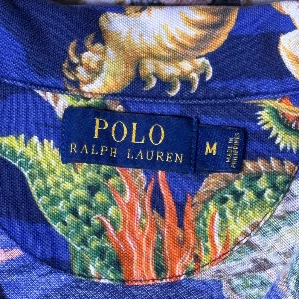 Polo Ralph Lauren Mens Blue Tiger Dragon Eagle Japanese Print Shirt Medium 2014